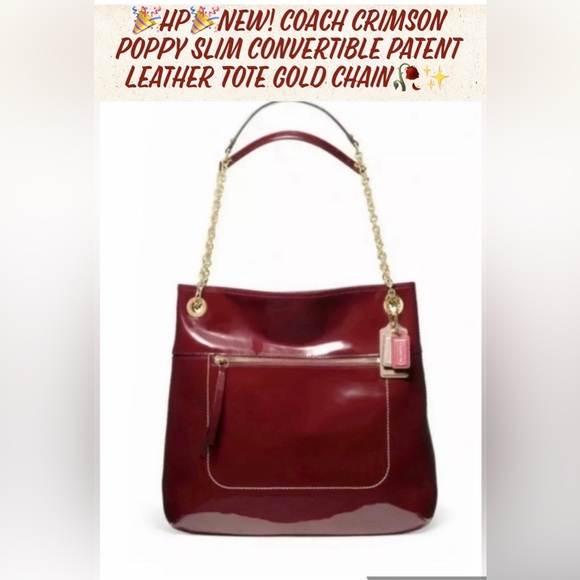 🎉HP🎉New! Coach Crimson Poppy Slim Convertible Patent Leather Tote Gold Chain🥀 - Picture 1 of 15